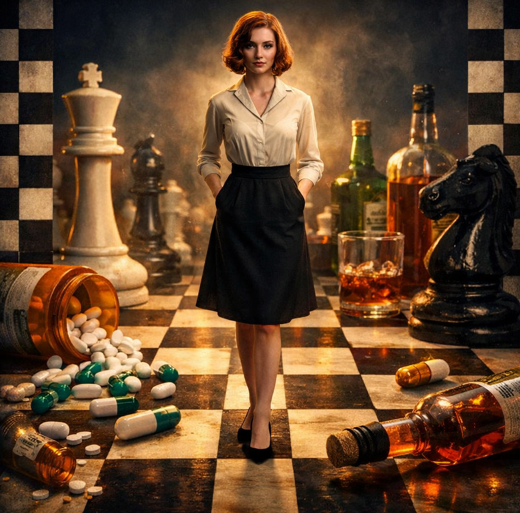 Beth Harmon standing on a chessboard surrounded by tranquilizers and alcohol
